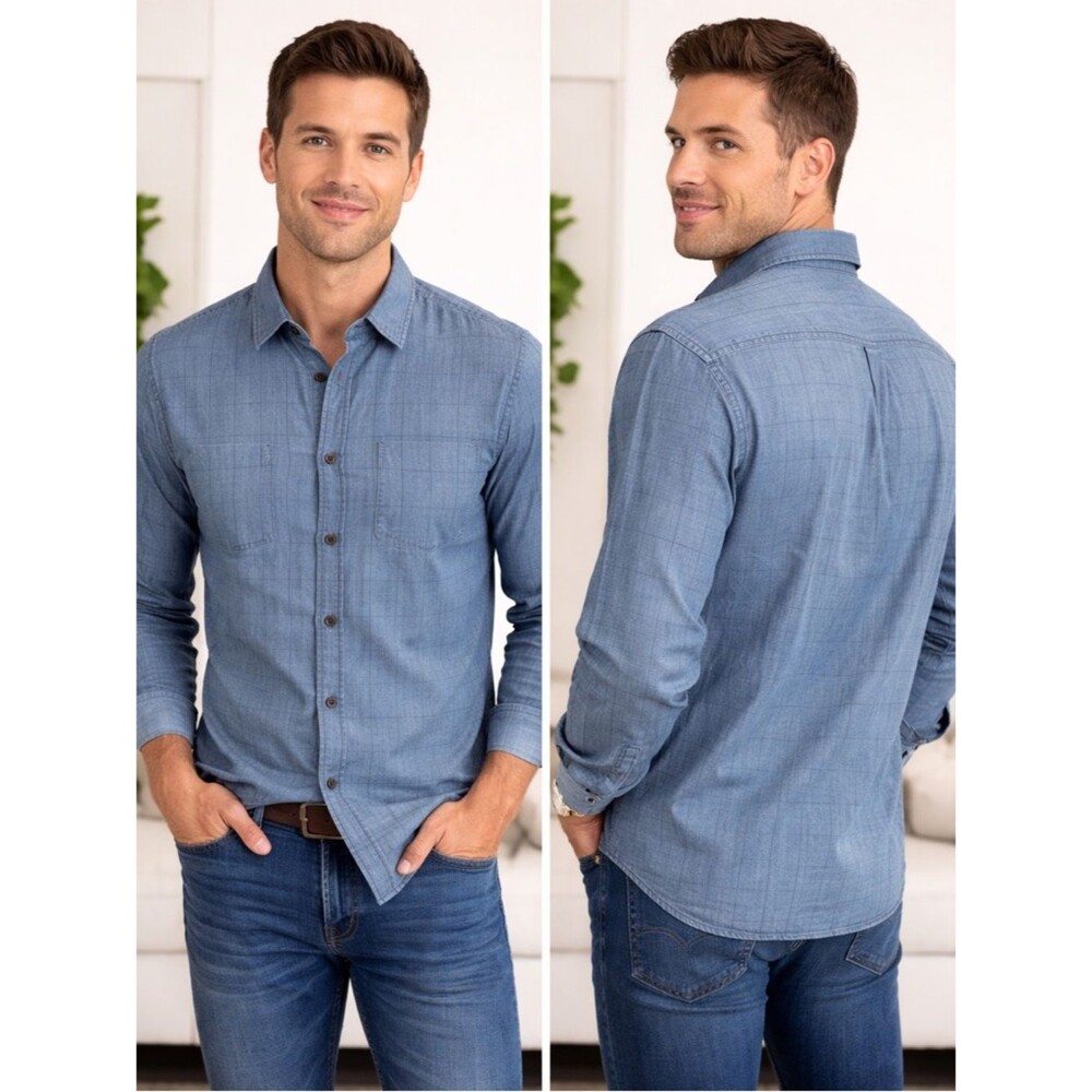 Local Mode Men’s Blue Plaid Slim Fit Long Sleeve Button Down Dress Shirt Size S